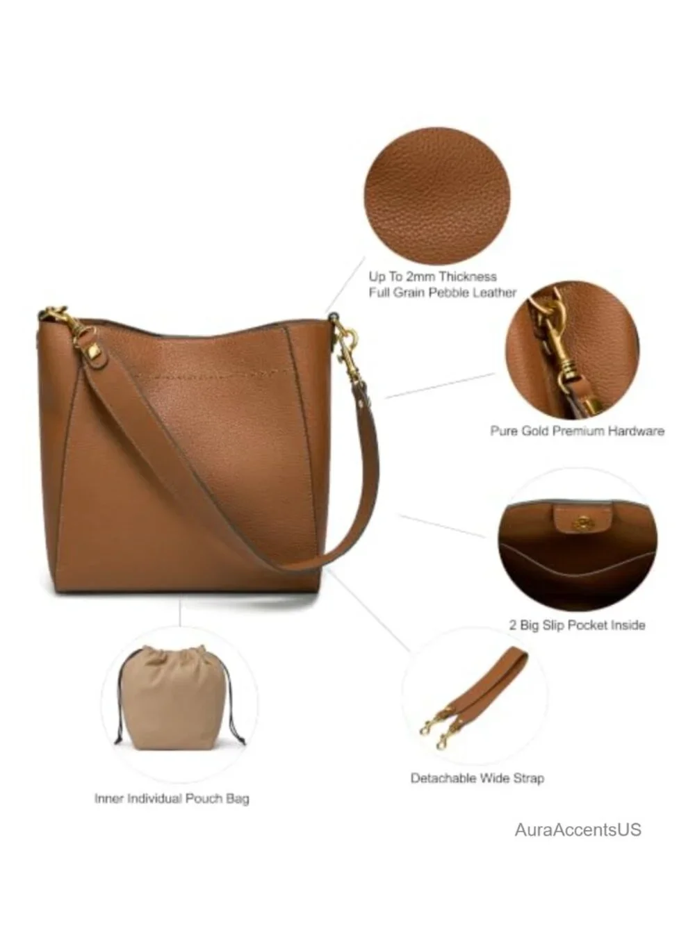 Genuine Leather Bucket Hobo Bag Women's Shoulder Tote Purse